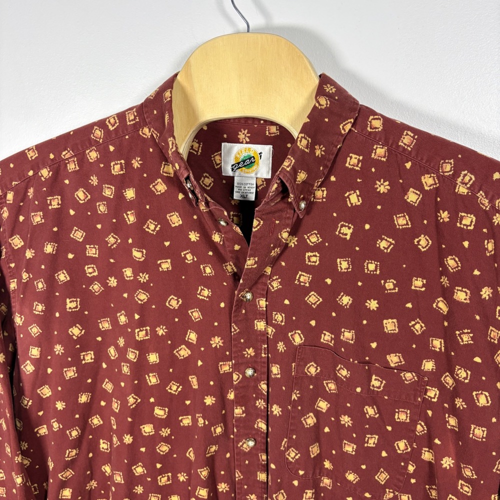 Field Gear Mens XLT‎ Burgundy Geometric Print Cotton Button Down Shirt Tall